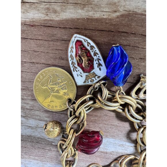 Vintage Coro Gold-Tone Charm Bracelet With Religious & Musical Motifs Red & Blue - Picture 2 of 8